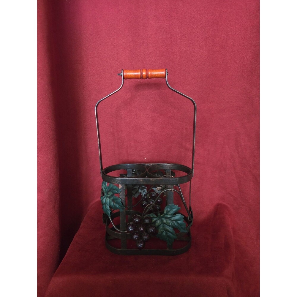 Rustic Metal Dual Wine Bottle Caddy Hinged Wood Handle Tuscan Farmhouse Decor